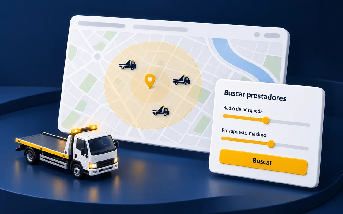 Ilustración de un mapa de prestadores cercanos con controles de radio de búsqueda y presupuesto