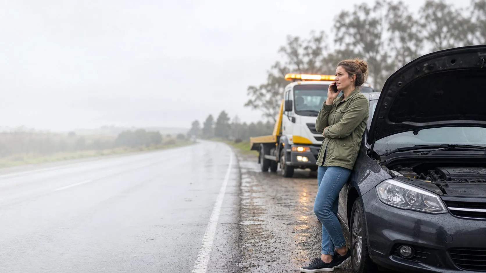 Conductora junto a su auto averiado mientras llega una grúa