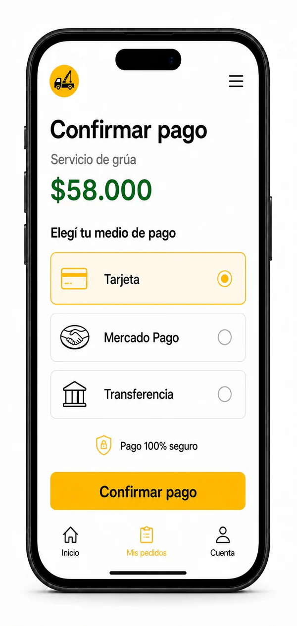 Pantalla de Auxilios Ya para elegir el medio de pago