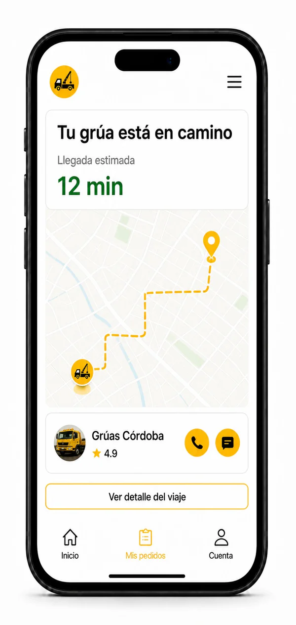 Pantalla de Auxilios Ya con el seguimiento de la grúa en tiempo real